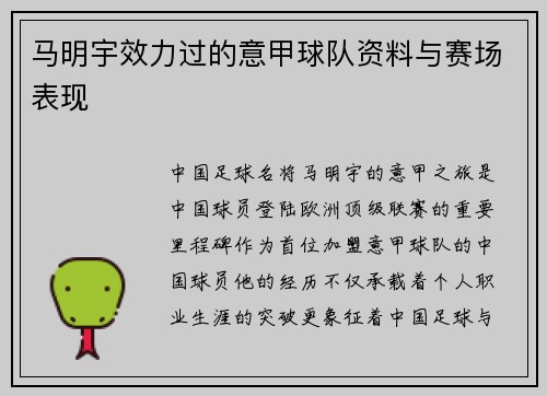 马明宇效力过的意甲球队资料与赛场表现