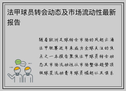 法甲球员转会动态及市场流动性最新报告